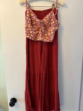 Red Floral Tie-Front Crop Top with Red wide leg pants set